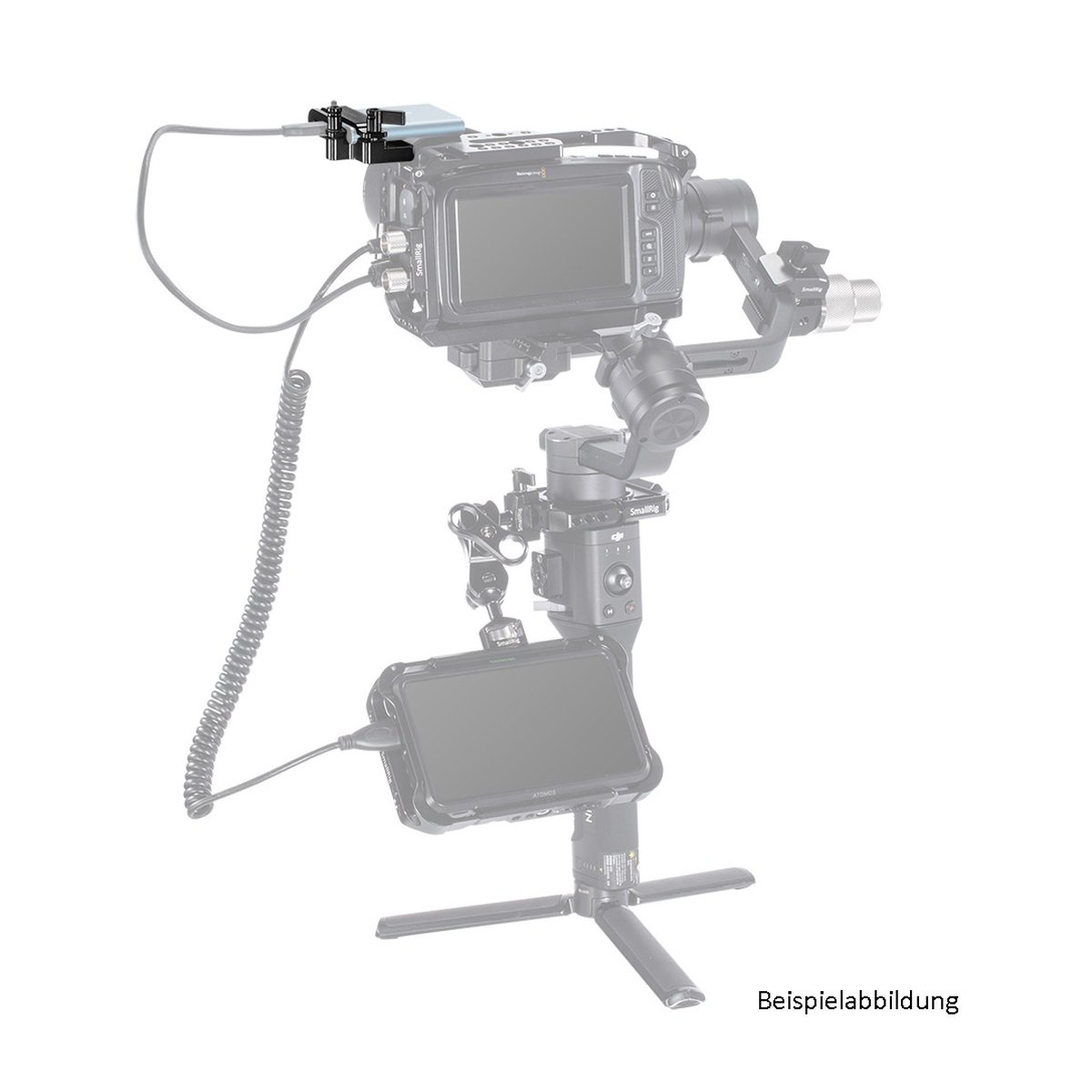 SmallRig 2245B Samsung T5 SSD Halterung für BMPCC 4K/6K und Z Cam - Anwendungsbeispiel: Produkt am Kamerarig montiert, Kabel zu externem Monitor.