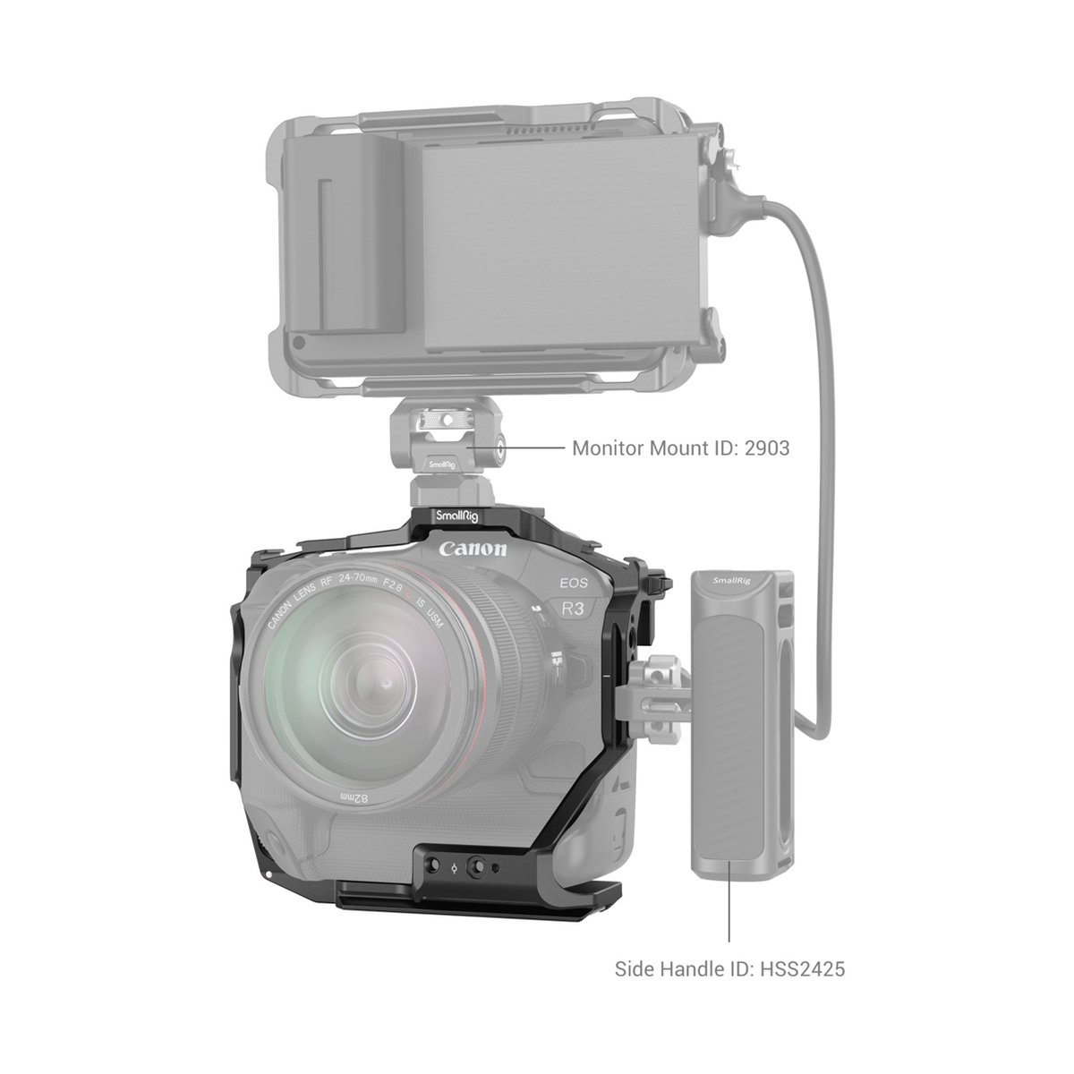 SmallRig 3884 Cage für Canon EOS R3 - Anwendungsbeispiel: Kamera-Rig mit Monitor-Halterung 2903 und Seitengriff HSS2425 an Canon EOS R3 SmallRig 3884 Cage für Canon EOS R3 - Anwendungsbeispiel: Kamera-Rig mit Monitor-Halterung 2903 und Seitengriff HSS2425 an Canon EOS R3