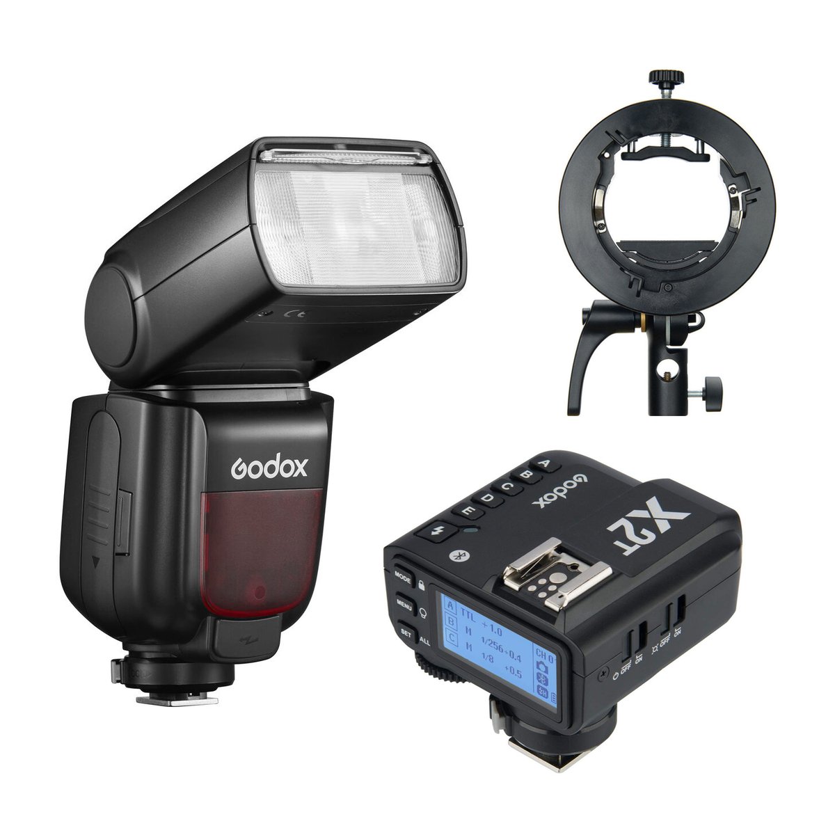 Godox Speedlite TT685 II Fuji Off Camera Kit - Lieferumfang: Godox Kamerablitz, Funkauslöser X2T und Rundkopfadapter.