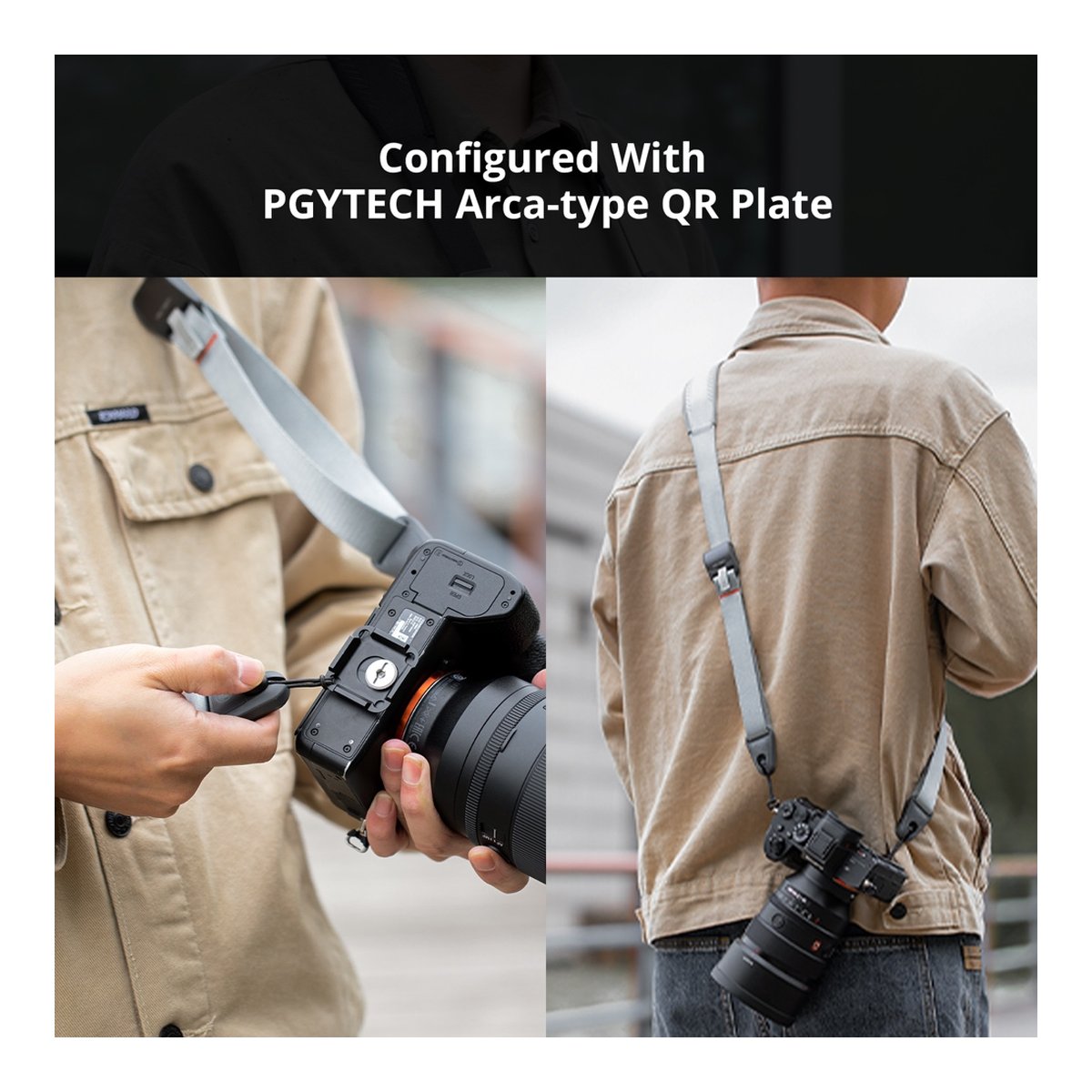 PGYTECH Camera Shoulder Strap(Dark Blue) - Anwendungsbeispiel: Montage der PGYTECH Arca-Type QR-Platte an Kamera und Tragen der Kamera mit Gurt.