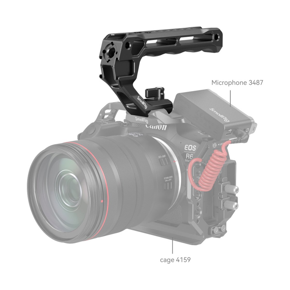 SmallRig 3766 NATO Top-Griff Lite - Anwendungsbeispiel eines SmallRig Kamera-Rigs mit Top-Griff, Mikrofon und Cage an einer Canon EOS R6.