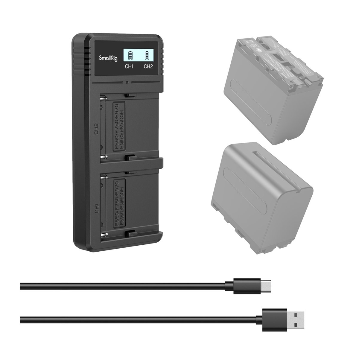 SmallRig 4086 NP-F970 Akku Ladegerät - Lieferumfang: SmallRig Dual-Ladegerät, zwei Beispielakkus und zwei USB-Kabel