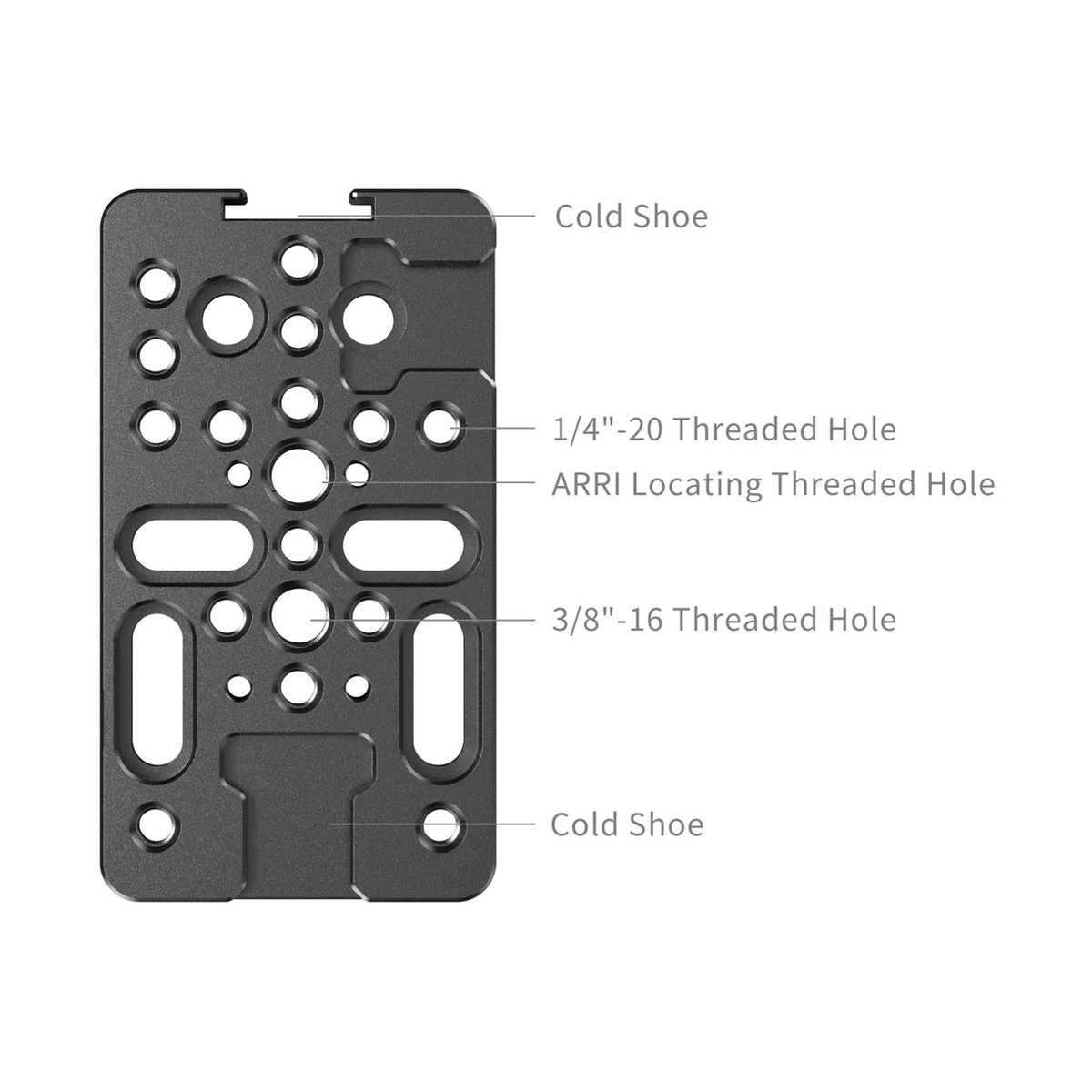 SmallRig 4887 Multifunctional Cheese Mount Plate - Detailansicht der Montagepunkte mit Gewindearten und Cold Shoe Anschlüssen.