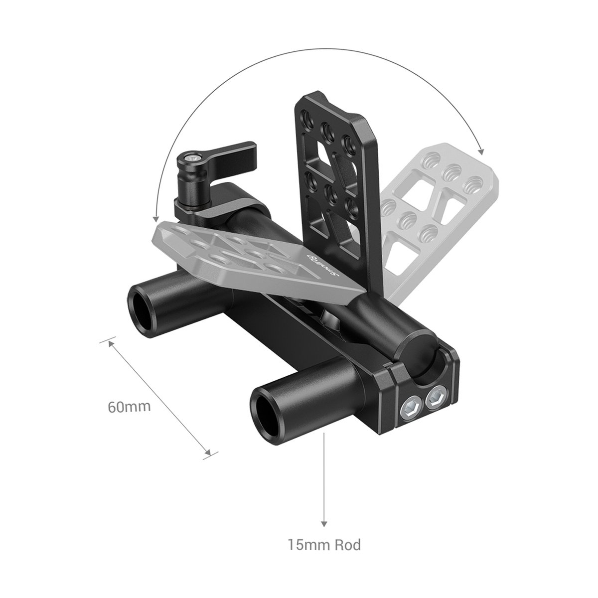 SmallRig 2802 Doppel 15 mm Stabbatterie Scharnier Stangensystem - DETAILANSICHT DREHBARE MONTAGEPLATTE FÜR 15MM RODS MIT ROTATIONS-FUNKTION UND MASSANGABEN.