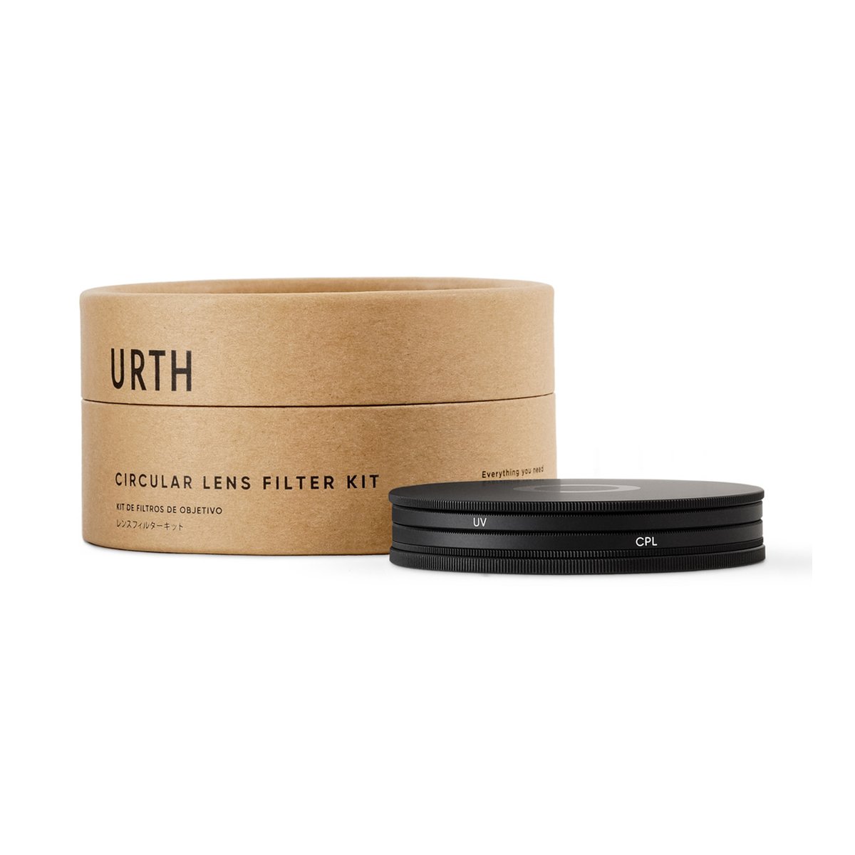 Urth 58mm UV + Circular Polarizing (CPL) Objektivfilter Kit - Lieferumfang: Urth Circular Lens Filter Kit in brauner Rundverpackung mit UV- und CPL-Filtern.
