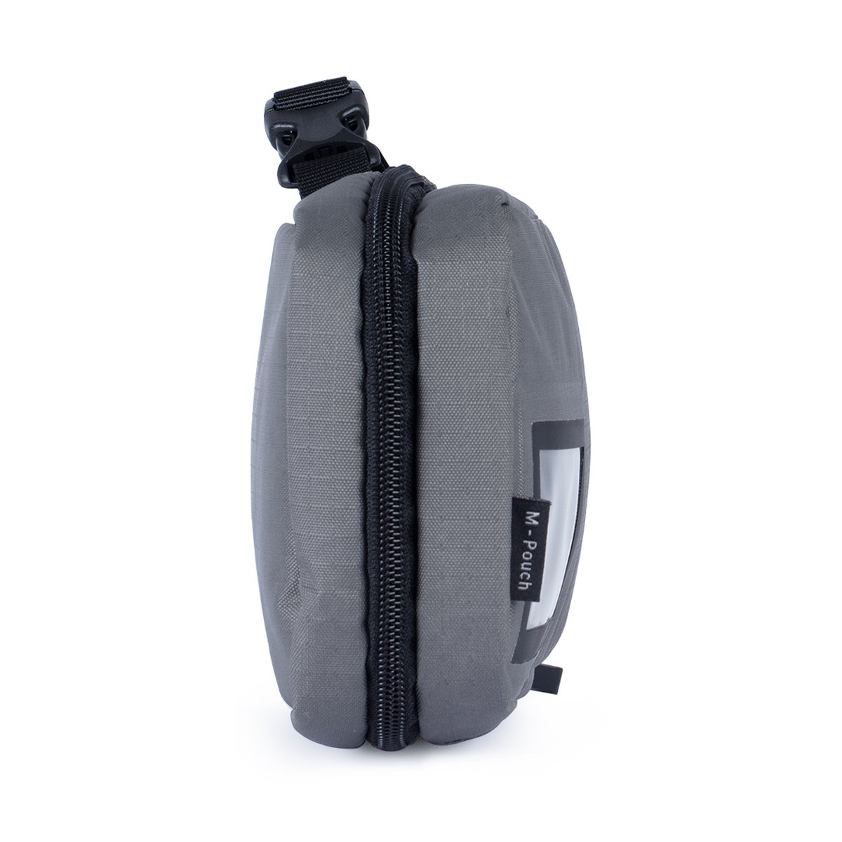 F-Stop Accessory Pouch Medium Gargoyle (Grau) / Schwarzer Reissverschluss - Seitenansicht graue M-Pouch mit Reißverschluss und Schnalle
