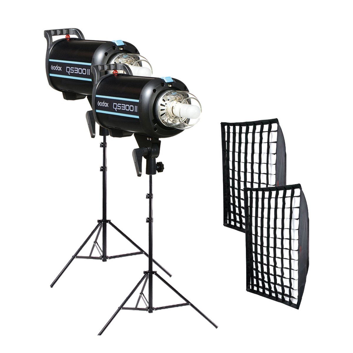Godox QS300II High Performance Kit - Lieferumfang: 2 Godox QS300II Studioblitze auf Stativen mit 2 Softbox-Gittern.