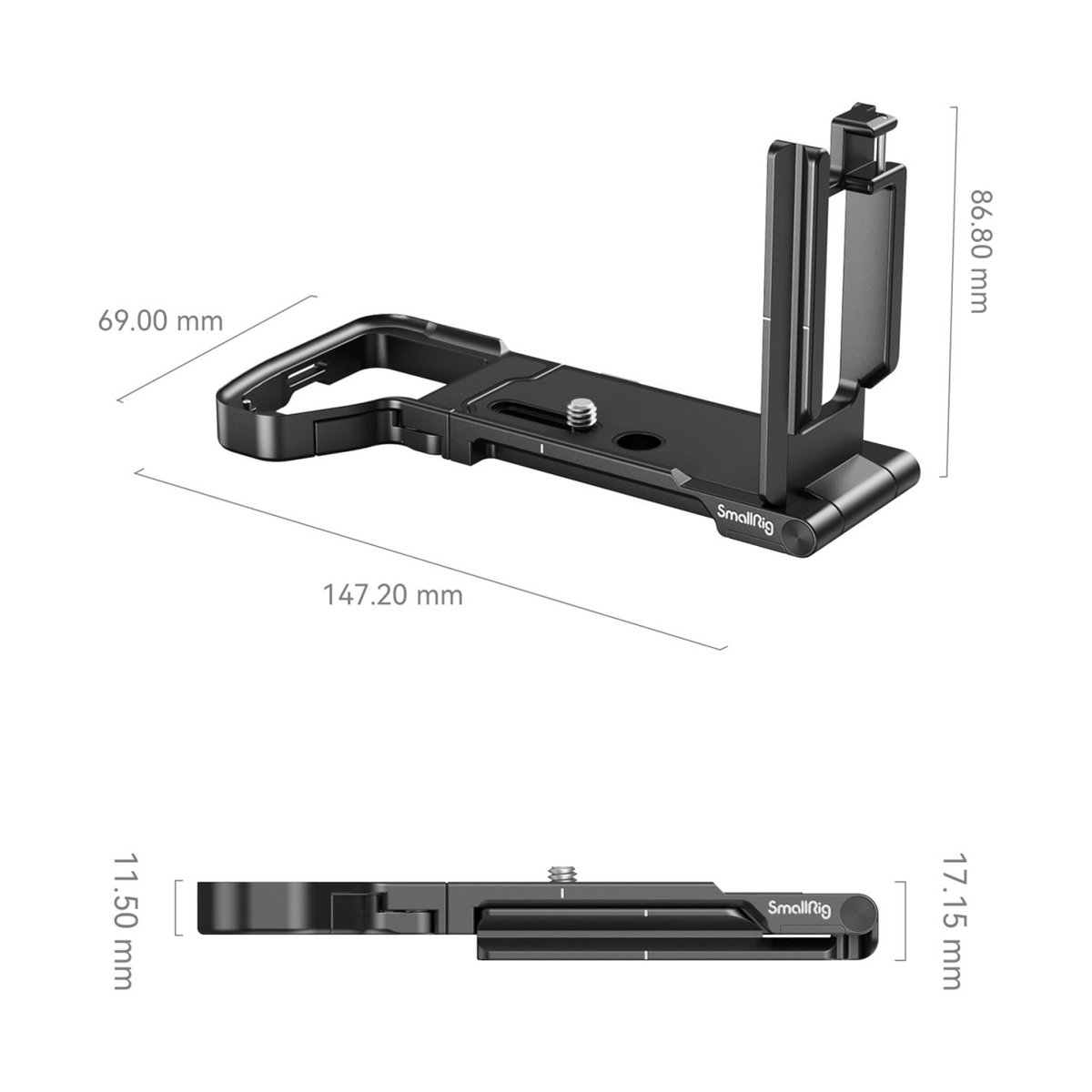 SmallRig 3984 faltbares L-Bracket für Sony A7R V / A7 IV / A7S III - Produktmaße: SmallRig L-Winkel in perspektivischer und seitlicher Ansicht