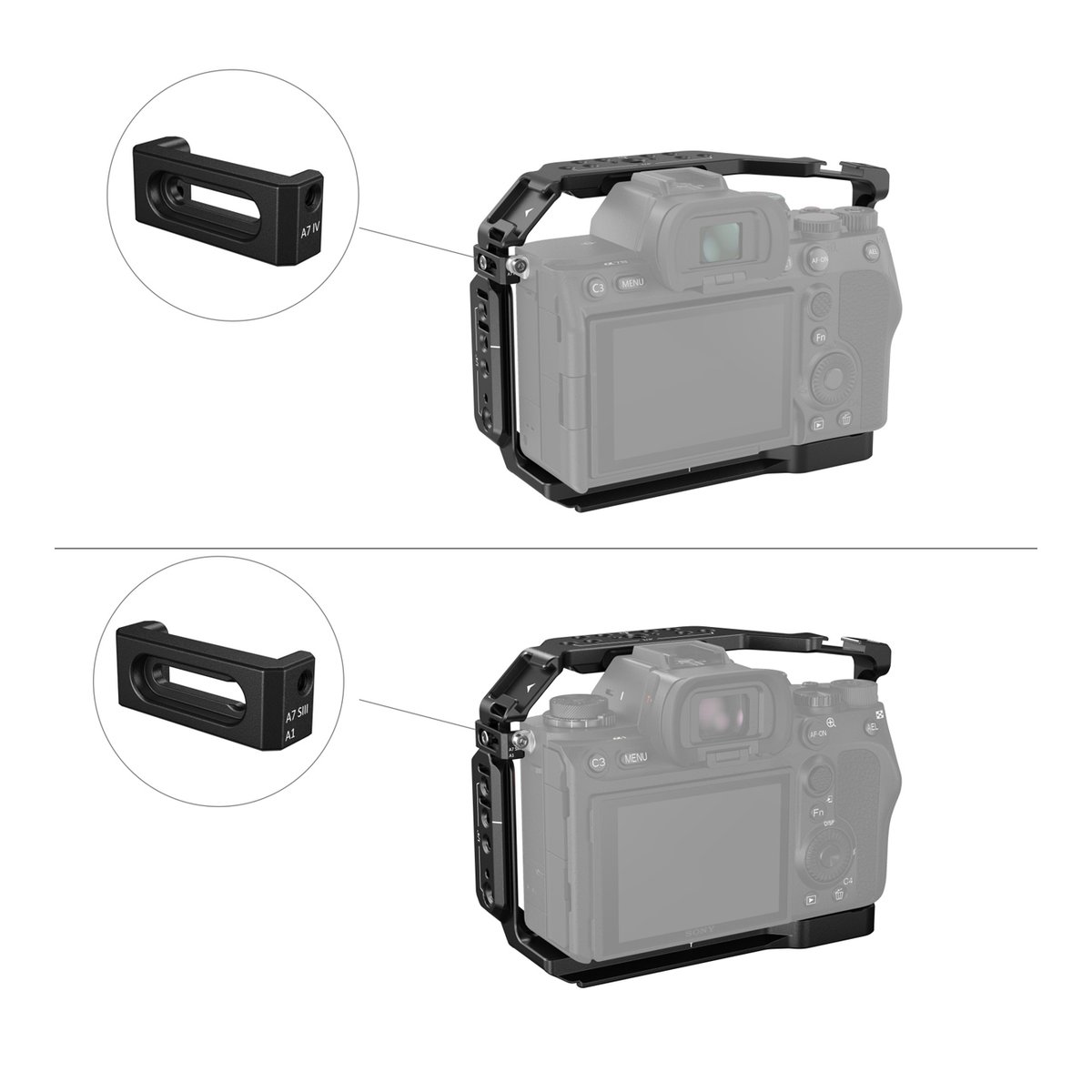 SmallRig 3668B Basic Kit für Sony Alpha 7R V / Alpha 7 IV / Alpha 7SIII - Kompatibilitätsansicht: Austauschbare Seitenplatten am Kamerakäfig für A7 IV und A7 SIII/A1.