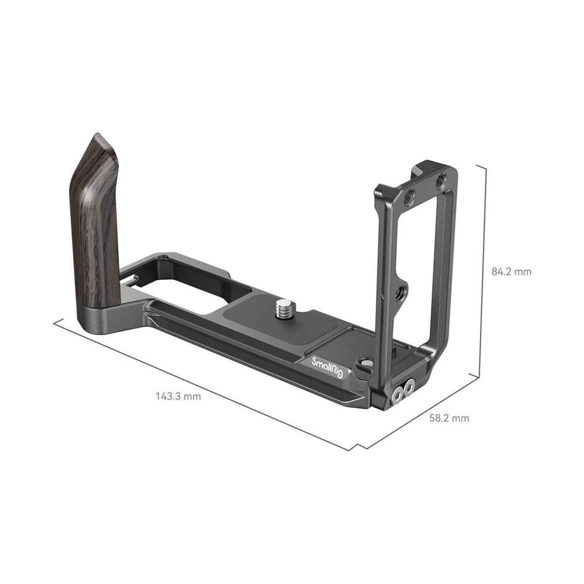 SmallRig 4137 L-Bracket f. Fujifilm X-T5 - Gesamtansicht SmallRig L-Bracket mit Holzgriff und Abmessungen