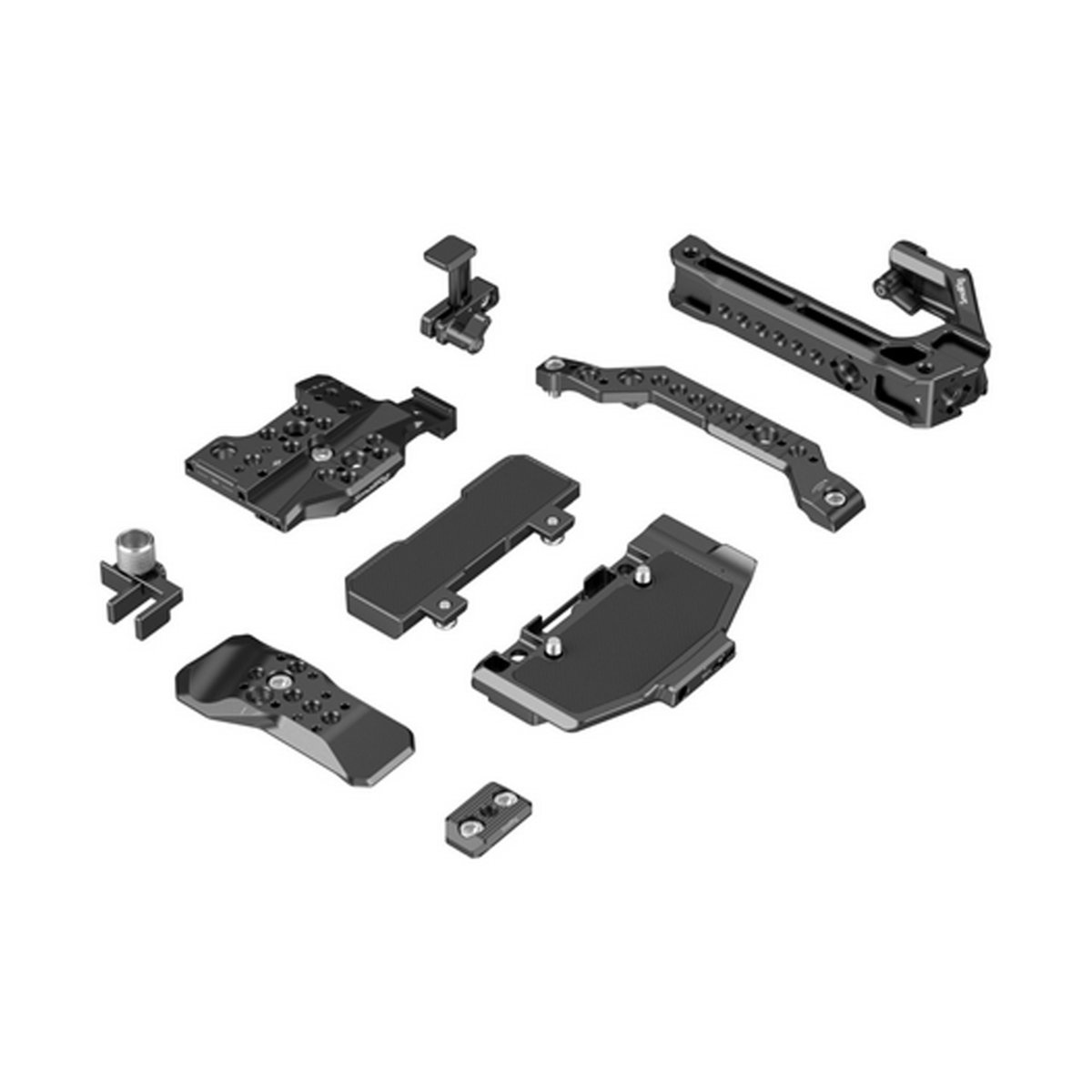 SmallRig 5136 Cage Kit für Canon EOS C80 - Lieferumfang: Mehrere schwarze Metallkomponenten für ein Kamera-Rig auf weißem Hintergrund.