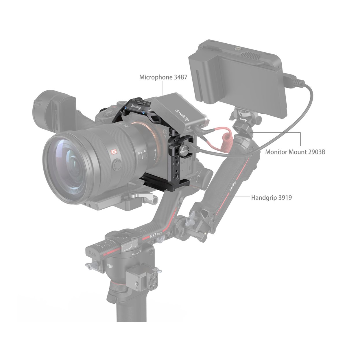 SmallRig 4308 Rhinoceros Basic Cage Kit für Sony Alpha 7R V/IV/7S III - Anwendungsbeispiel: SmallRig Zubehör am DJI RS3 Pro Gimbal mit Kamera, Mikrofon, Monitorhalterung & Handgriff.