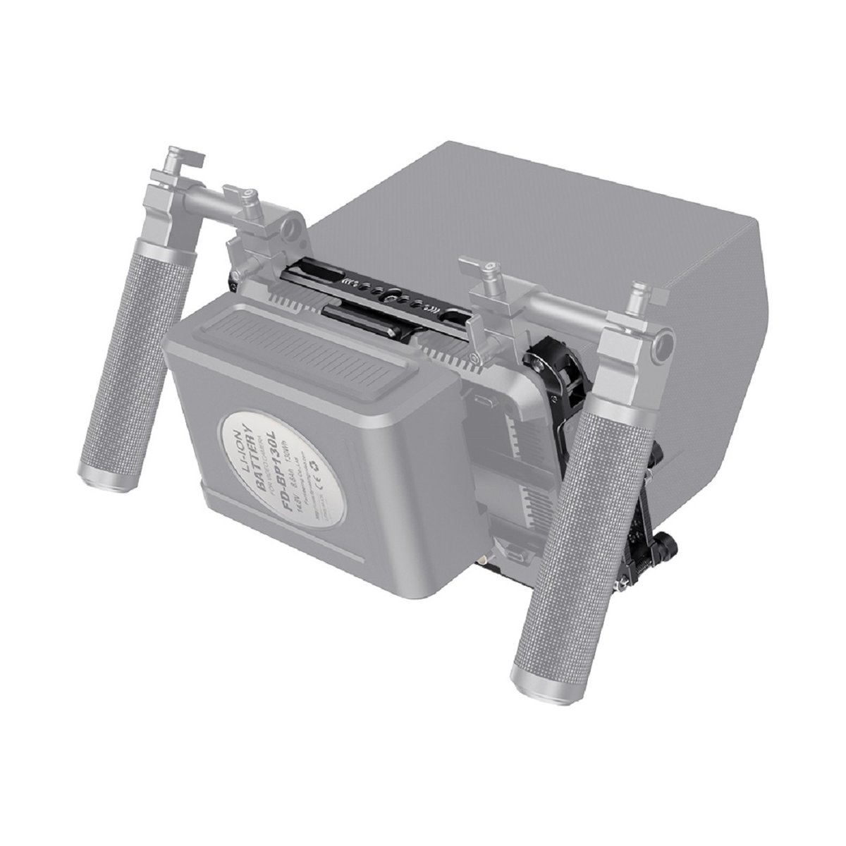 SmallRig 2409 Cage Kit und Sunhood für Atomos Shogun 7 - Anwendungsbeispiel: Batterie und Handgriffe an einem Kamerarig montiert