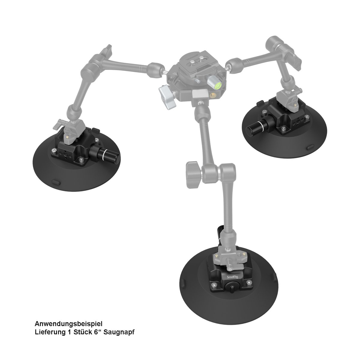 SmallRig 4114 6" Saugnapf- Kamerahalterung - Anwendungsbeispiel eines Aufbaus mit mehreren Saugnäpfen und Gelenkarmen.