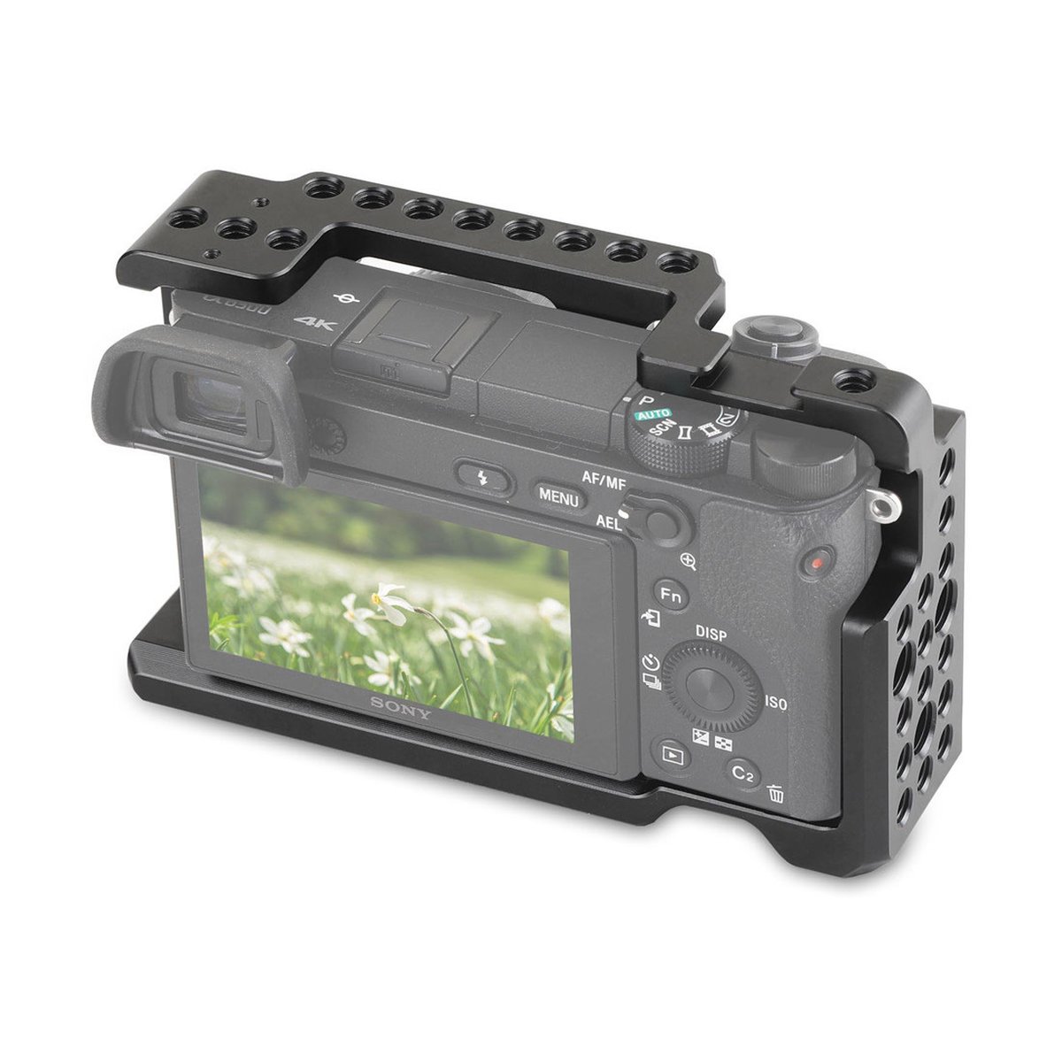SmallRig 1661 Kamera-Cage für Sony - Rückansicht einer Sony-Kamera in einem schwarzen Kamerakäfig, mit sichtbarem Display und Bedienelementen.