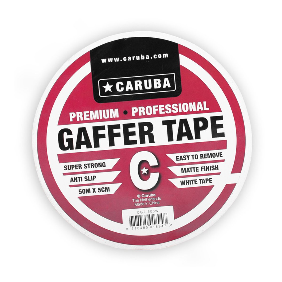 Caruba Gaffer Tape 50m x 5cm weiss - Produktdetailansicht: Etikett des Caruba Premium Professional Gaffer Tapes (weiß, 50m x 5cm) mit Eigenschaften.