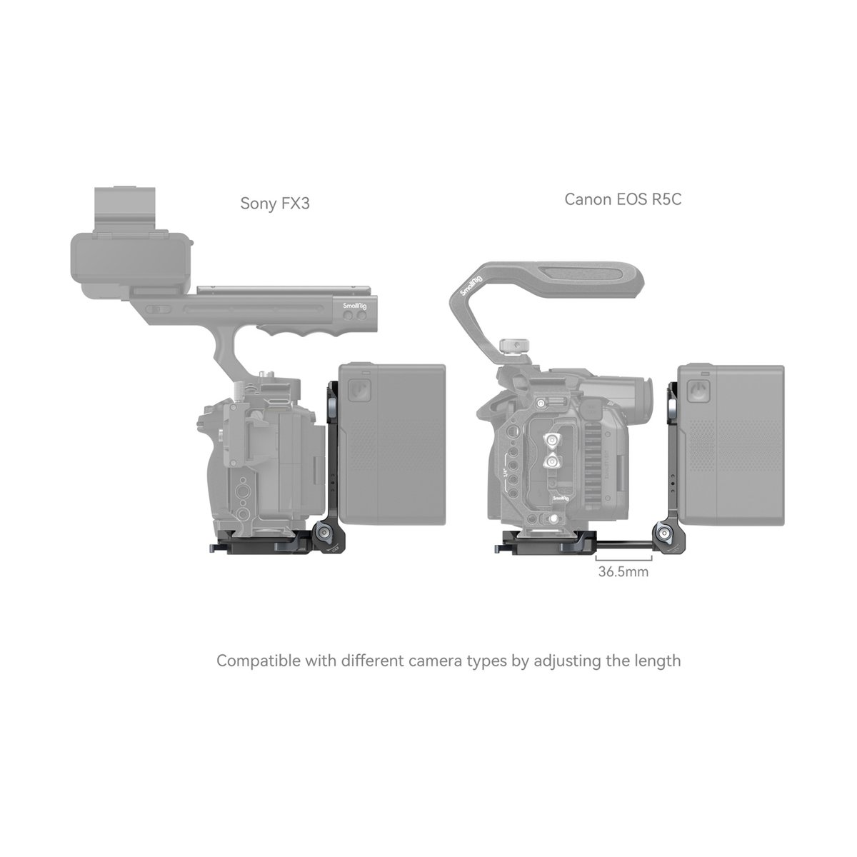 SmallRig 4064B Kompaktes V-Mount-Batterie Montagesystem - Anwendungsbeispiel: Kamera-Rig an Sony FX3 & Canon R5C, Längenanpassung für verschiedene Modelle.