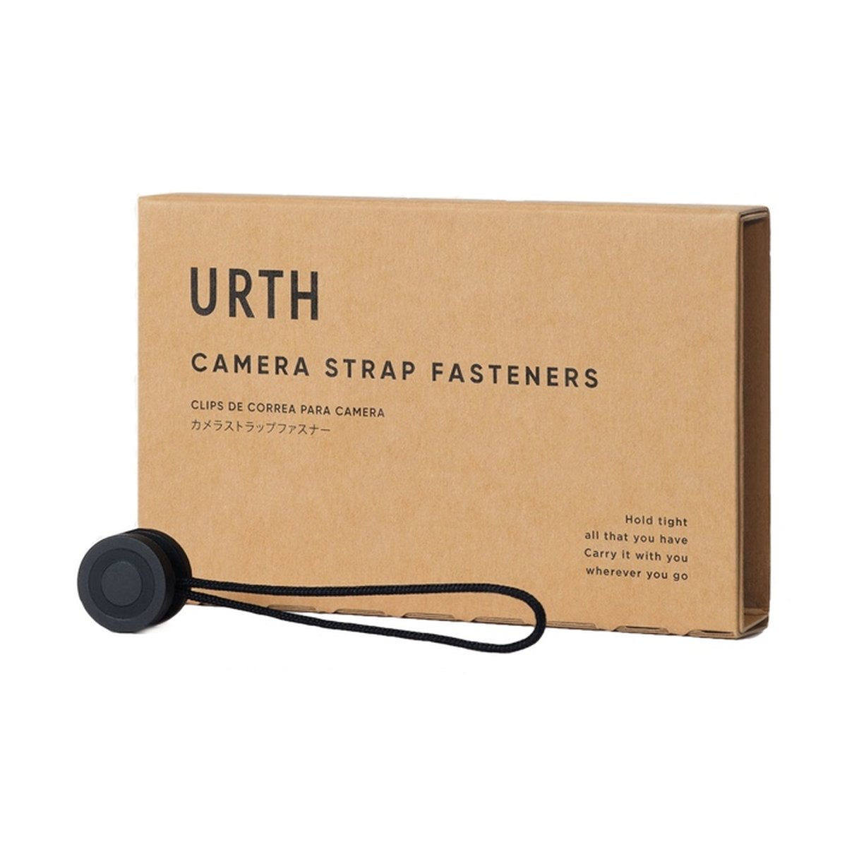 Urth Pebble Camera Strap Clips - Lieferumfang: Schwarzer Urth Kamera-Gurthalter und braune Produktverpackung