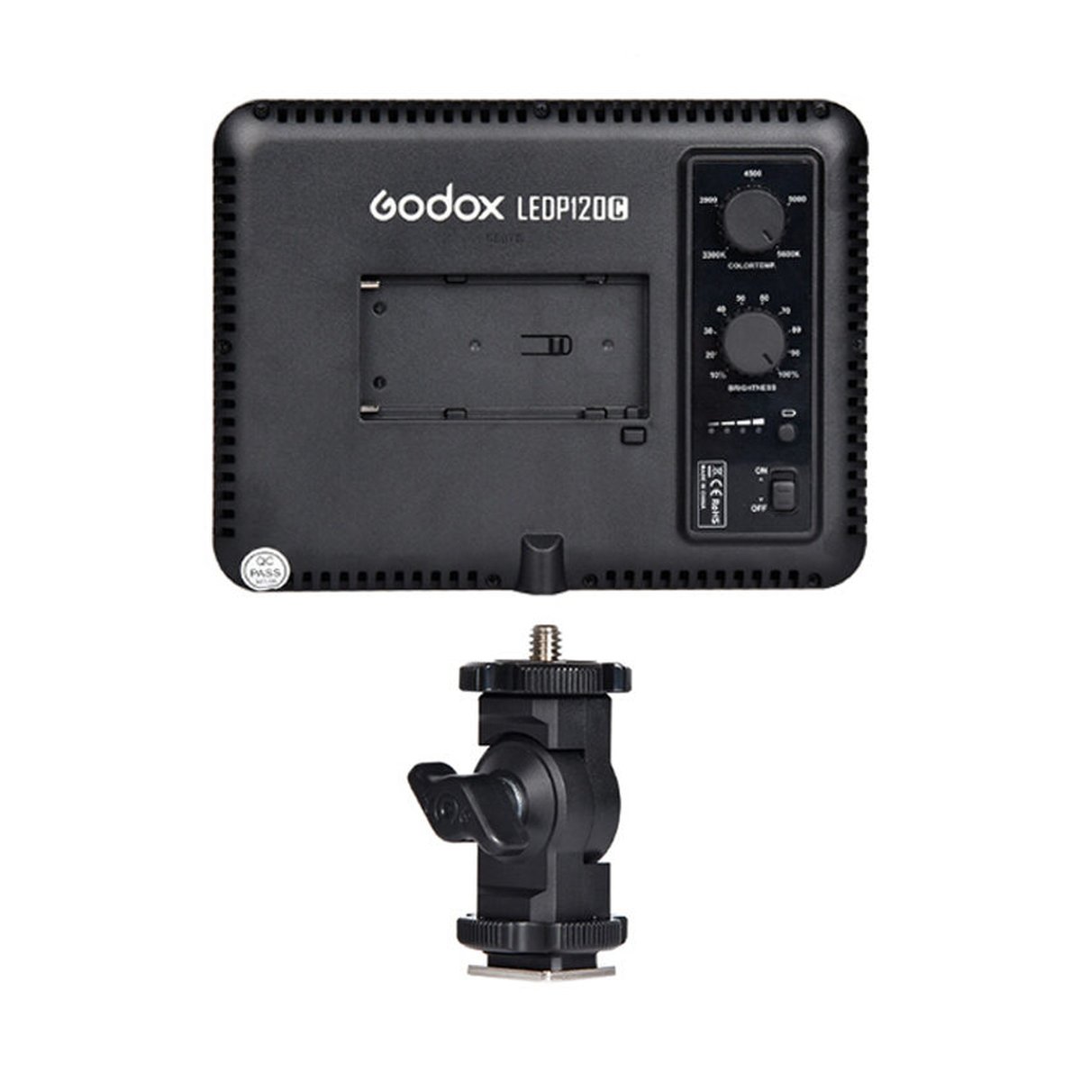 Godox Led P120C - Rückansicht Godox LEDP120C LED-Videoleuchte mit Bedienelementen und Montagestativ