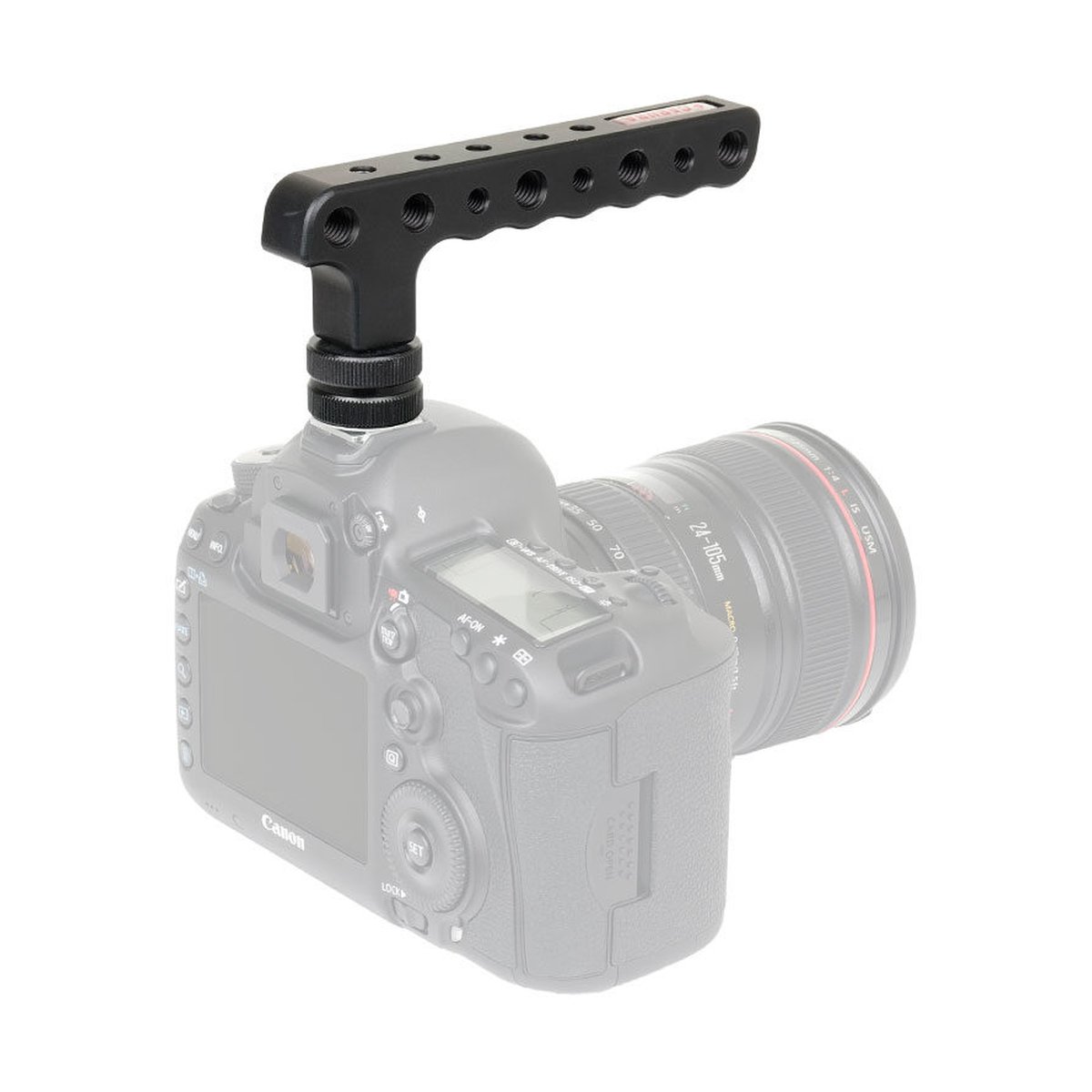 Caruba Kameragriff Einzeln - Anwendungsbeispiel: Schwarzer Top Handle auf Canon DSLR-Kamera montiert, von hinten rechts.