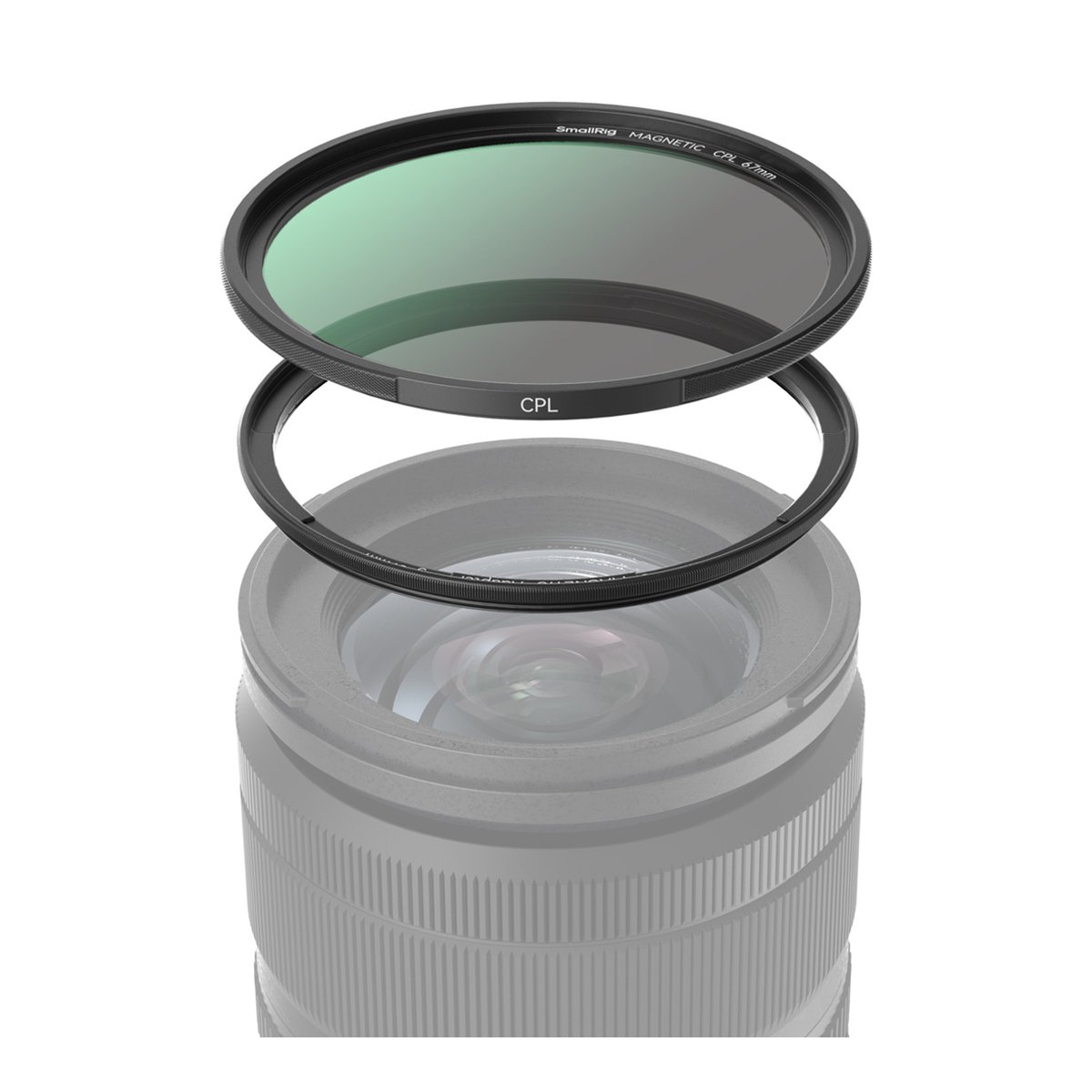 SmallRig 4727 Attachable CPL Filter mit M-Mount Filter Adapter 67 mm - Montageansicht: Magnetischer CPL Filter mit Adapterring über Kameraobjektiv