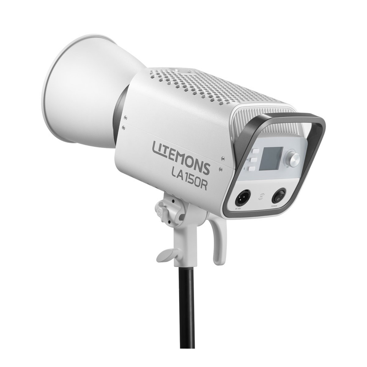Godox Litemons RGB LED Video Light Kit LA150R K1 - Produktansicht der LITEMONS LA150R LED-Leuchte auf Stativ mit Reflektor.