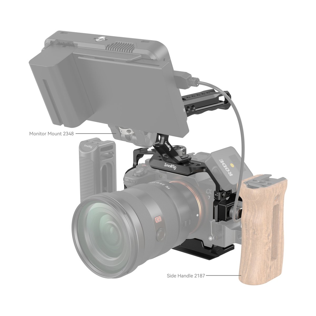 SmallRig 3668B Basic Kit für Sony Alpha 7R V / Alpha 7 IV / Alpha 7SIII - Anwendungsbeispiel: SmallRig Monitor Mount 2348 und Side Handle 2187 an einer Kamera.