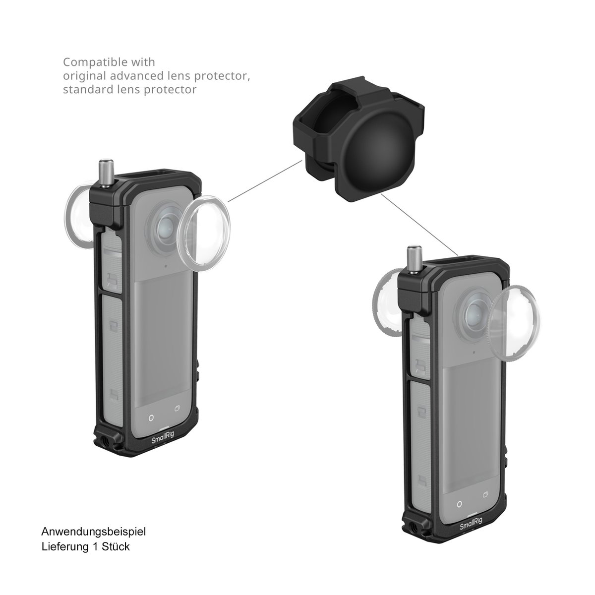 SmallRig 4278 Käfig für Insta360 X4 - Anwendungsbeispiel: Kamerahalterung mit Objektivschutz und Montage des Linsenkappenhalters