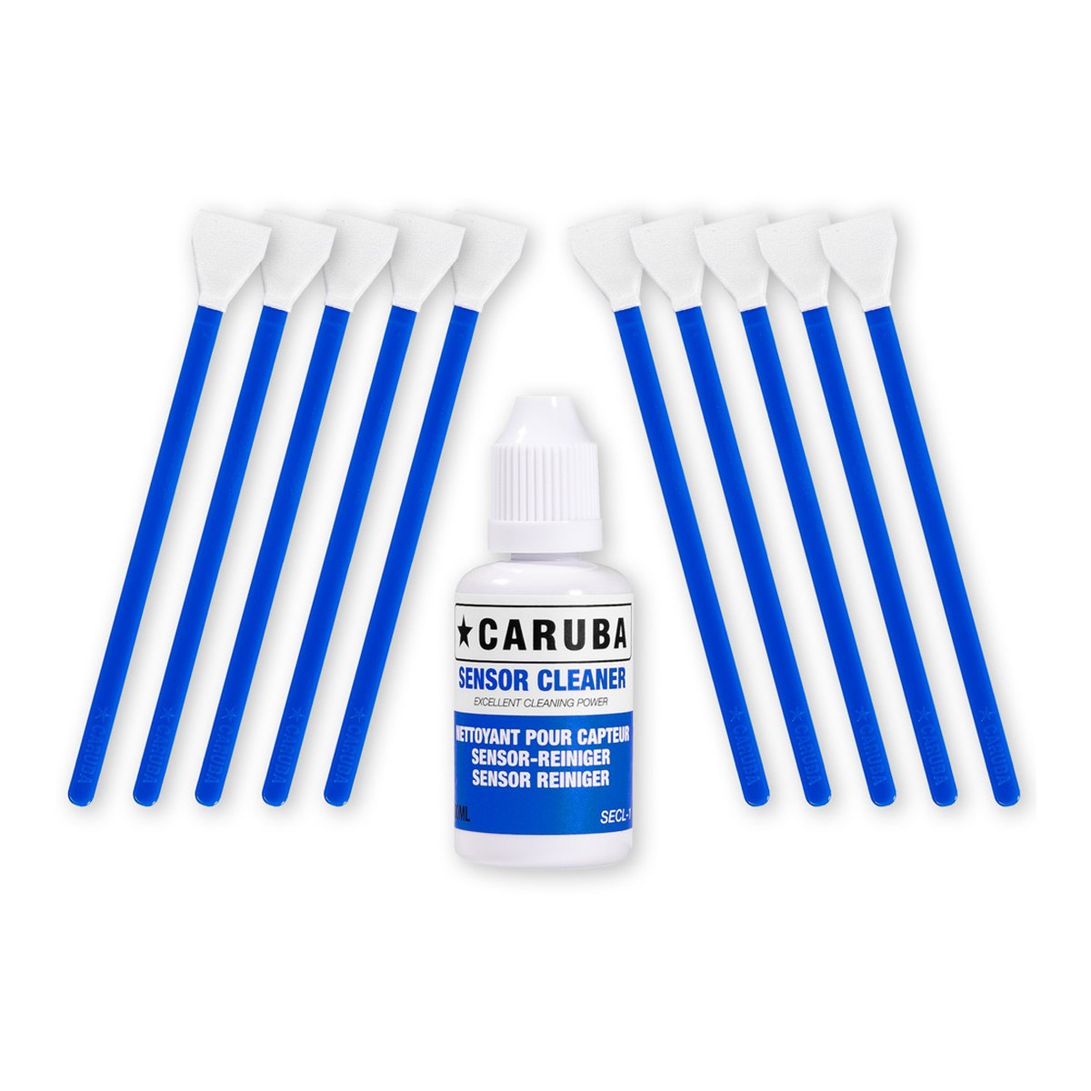 Caruba APS-C Reinigungstupfer-Kit (10 Tupfer 16mm + Reinigungsflüssigkeit 30ml) - Lieferumfang: Sensorreiniger-Flasche und 10 blaue Reinigungstupfer.