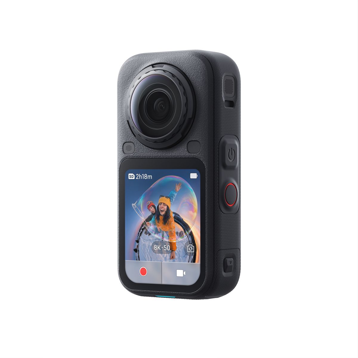 Insta360 X6 Standard Bundle Schwarz Seitansicht mit aktiviertem Display