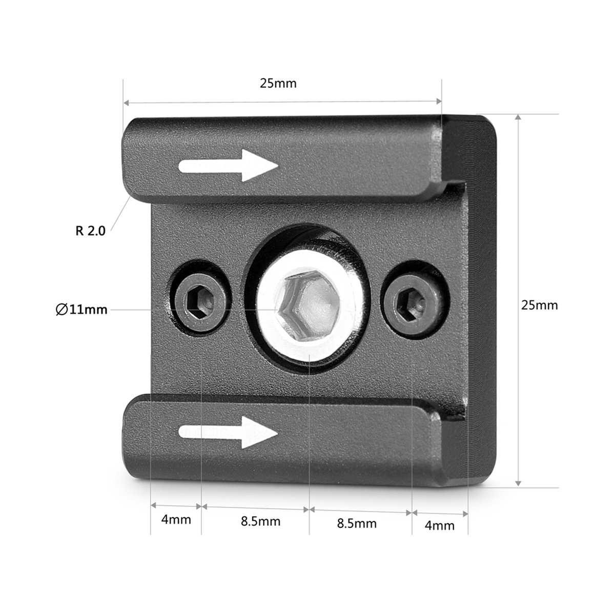 SmallRig 2060 Cold Shoe 2er Blitzschuh- Adapter-Set - Abmessungen des Adapters: Draufsicht mit allen Maßen (25mm, Ø11mm, R 2.0). SmallRig 2060 Cold Shoe 2er Blitzschuh- Adapter-Set - Abmessungen des Adapters: Draufsicht mit allen Maßen (25mm, Ø11mm, R 2.0).