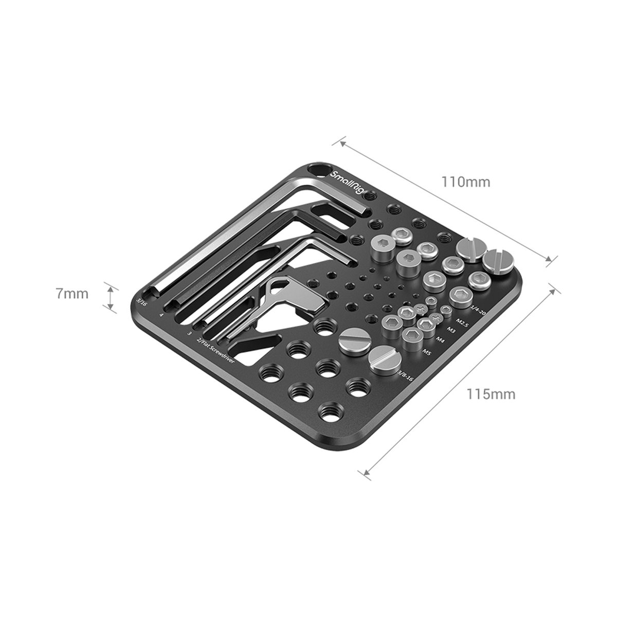 SmallRig 3184 Schrauben- und Sechskantschlüssel-Aufbewahrungsplatte - Ansicht des SmallRig Multi-Tools mit integrierten Werkzeugen, Schrauben und Maßangaben.