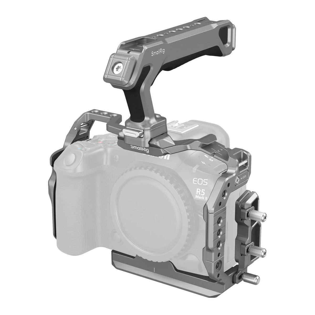 SmallRig 5029 HawkLock QR Cage Kit f. Canon EOS R5 II - Anwendungsbeispiel: SmallRig Kamera-Cage mit Top Handle an einer Canon EOS R5 Mark II