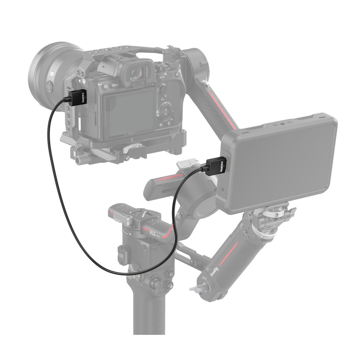SmallRig 4794 Ultra-Slim 4K HDMI Data Cable A auf A (100cm) - Anwendungsbeispiel: HDMI-Kabel verbindet Kamera mit externem Monitor auf einem Gimbal-Rig.