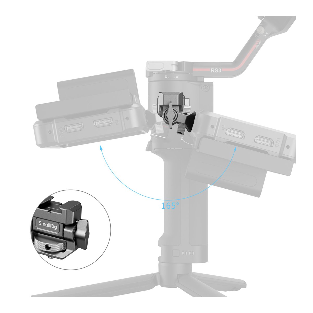 SmallRig 4637 HawkLock H21 Monitor Support für DJI Stabilizers - Detailansicht der SmallRig Monitorhalterung mit 165° vertikalem Schwenkbereich am Gimbal SmallRig 4637 HawkLock H21 Monitor Support für DJI Stabilizers - Detailansicht der SmallRig Monitorhalterung mit 165° vertikalem Schwenkbereich am Gimbal