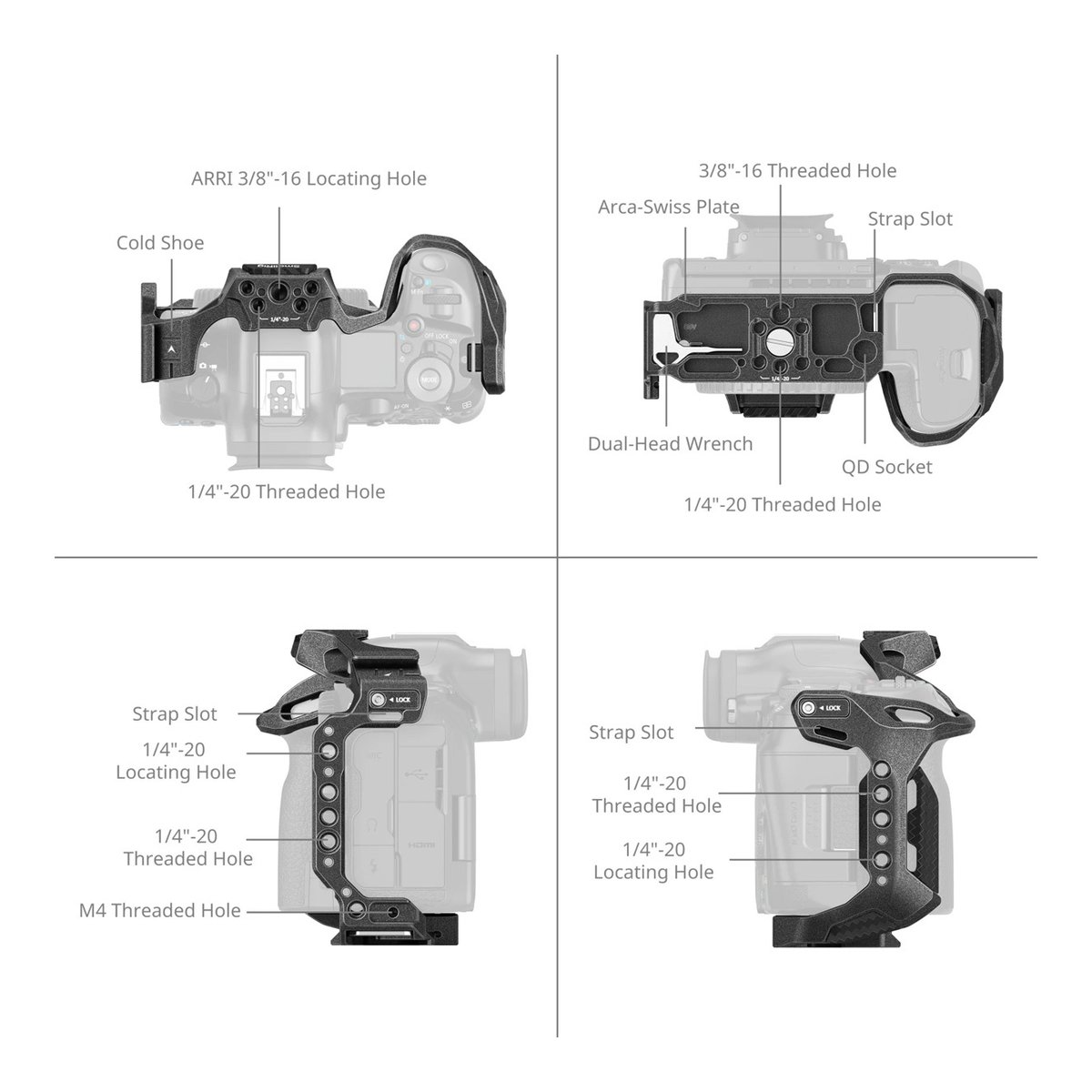 SmallRig 4975 Black Mamba Cage f. Canon EOS R5 II - Funktionsübersicht Kamera-Cage: Vier Ansichten der Montagepunkte und Merkmale. SmallRig 4975 Black Mamba Cage f. Canon EOS R5 II - Funktionsübersicht Kamera-Cage: Vier Ansichten der Montagepunkte und Merkmale.