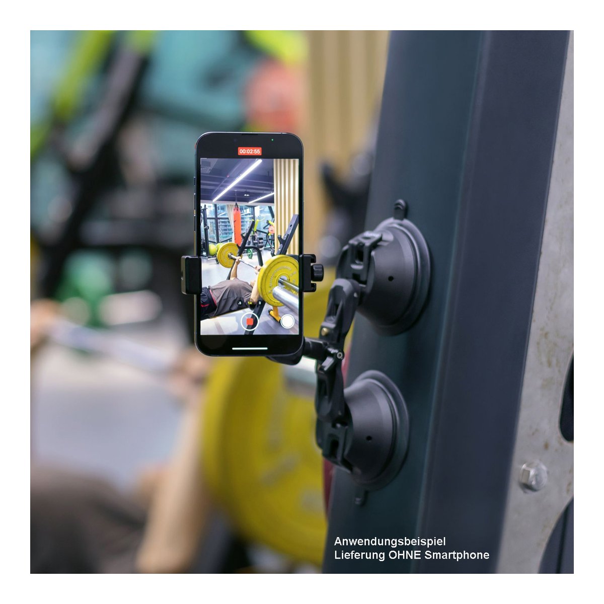 SmallRig 3566 SC-2K Portable Doppel-Saugnapf-Kamerahalterung - Anwendungsbeispiel des Saugnapf-Handyhalters im Fitnessstudio