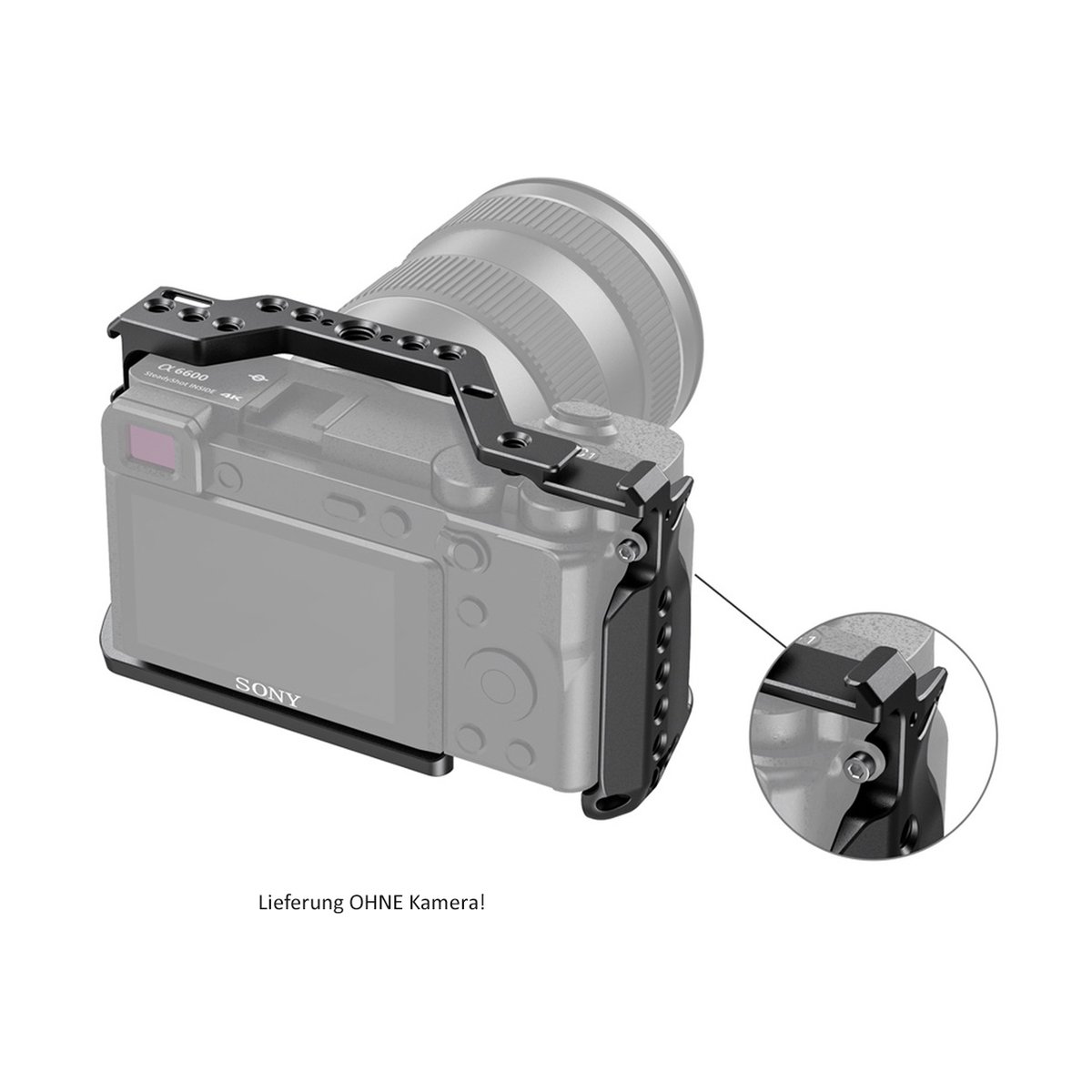 SmallRig 2493 Cage für Sony A6600 - Rückansicht Anwendungsbeispiel Kamera-Cage montiert an Sony Kamera, Detail Seitenbefestigung