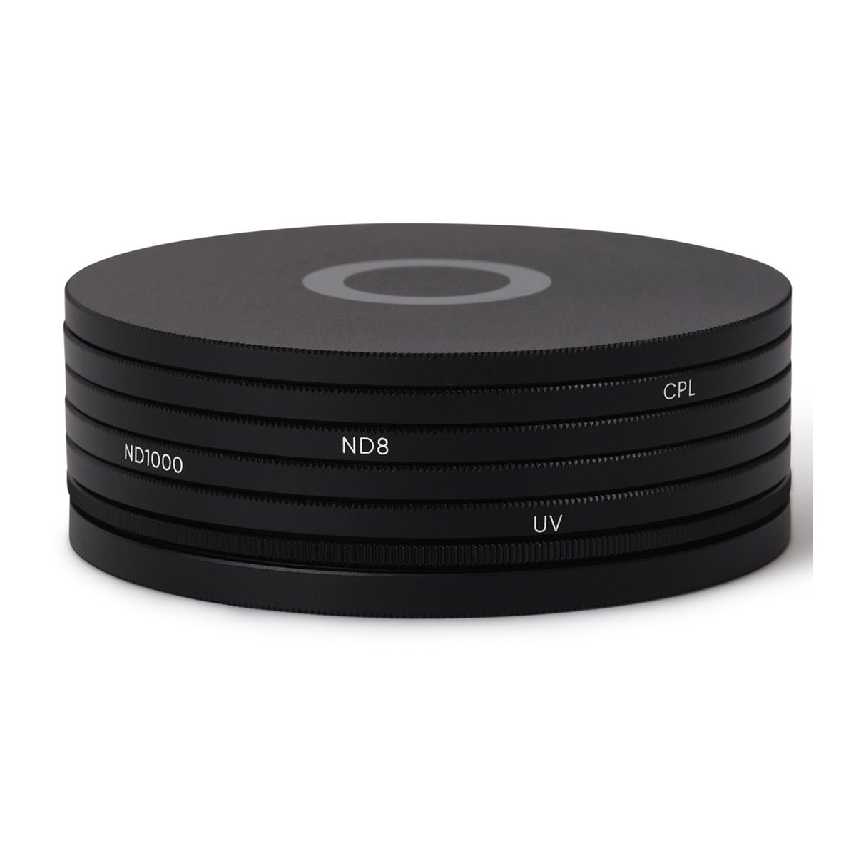 Urth 62mm Magnetic Essential Kit (Plus+) (UV+CPL+ND8+ND1000) - Seitenansicht: Gestapelte Kamerafilter (ND1000, ND8, CPL, UV)