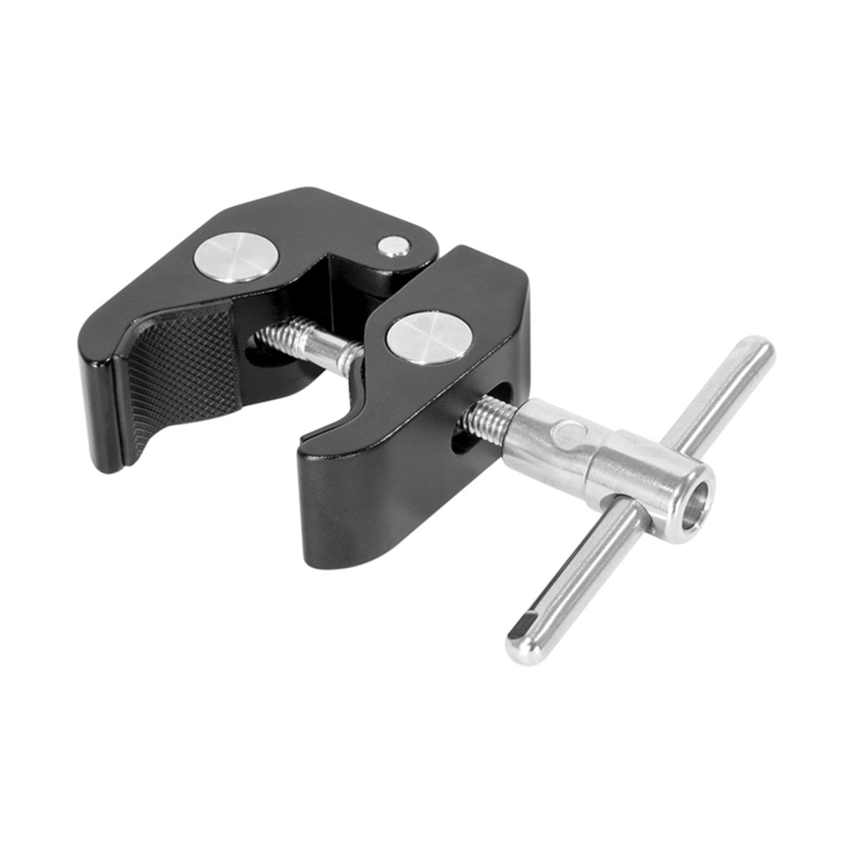 SmallRig 2164 Super Clamp mit Ballhead Gelenkarm (Crab-Shaped) - Seitenansicht der schwarzen Studio Klemme mit offenem Maul und Schraubmechanismus