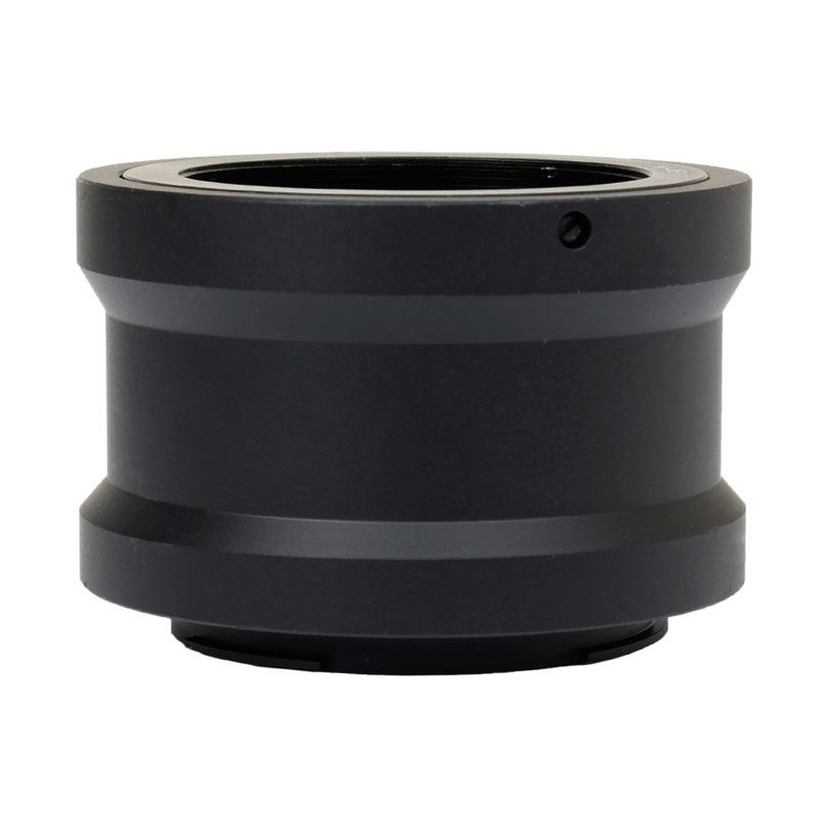 Caruba T-Mount Adapter Sony NEX - Seitenansicht eines schwarzen optischen Adapterrohrs mit Gewindeöffnung und kleiner Schraube oben.