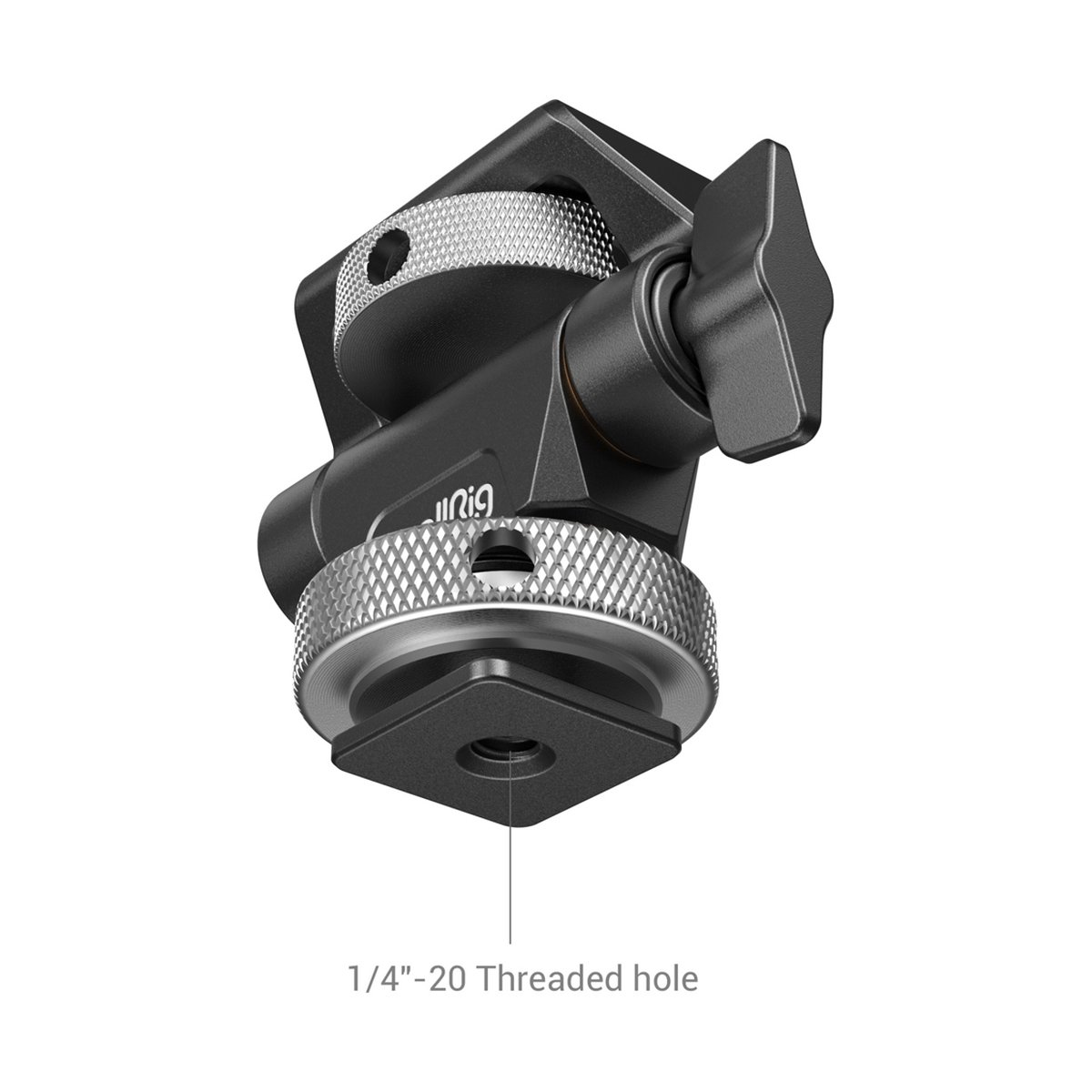 SmallRig 2905B Schwenkbare Monitor- Halterung mit Blitzschuh - Detailansicht der Unterseite mit 1/4"-20 Gewindeloch