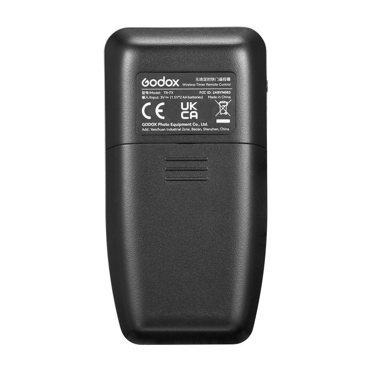 Godox Digital Timer Remote TR-S2 Sony - Rückansicht des Godox Funkfernauslösers mit Modellbezeichnung, technischen Daten und Zertifizierungen.