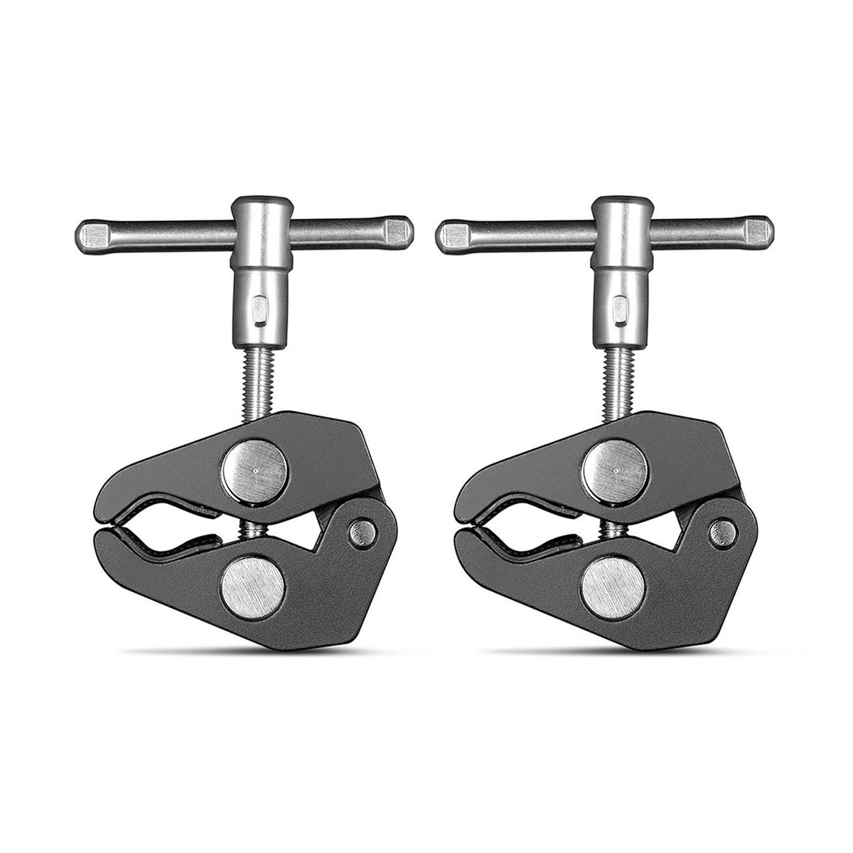 SmallRig 2058 Super Clamp mit 1/4" und 3/8" Gewinde (2 Stück) - Lieferumfang: Zwei schwarze Super Clamp Klemmhalterungen mit silbernen Schraubgriffen.