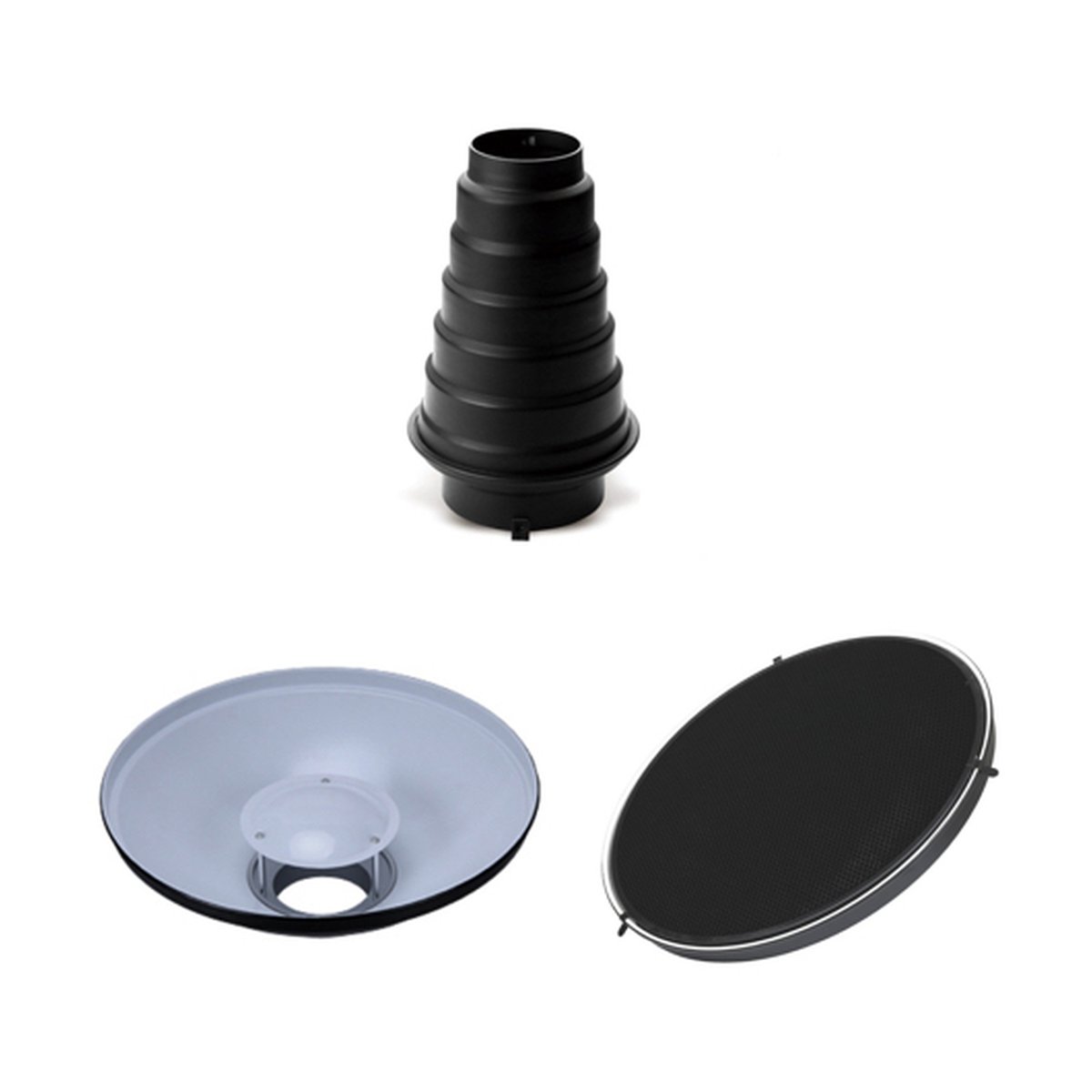 Godox Studio Accessoire Set - Lieferumfang: Studioblitz-Zubehör wie Snoot, Reflektorschirm und Wabengitter.