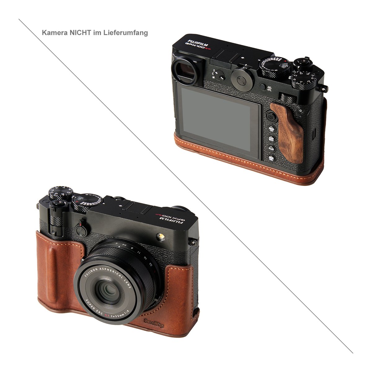SmallRig 5268 Leather Case Kit brown for Fujifilm GFX100RF - Anwendungsbeispiel: Kamera-Halbtasche aus braunem Leder, Vorder- & Rückansicht an Kamera (Kamera nicht inkl.)