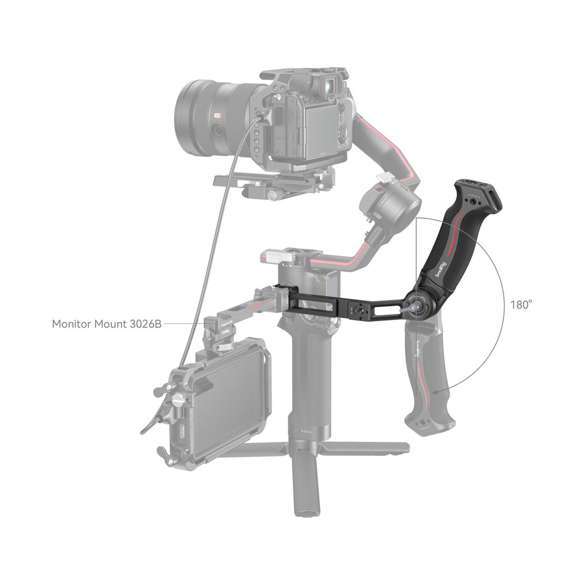 SmallRig 3028C Handgriff für DJI Gimbal - Anwendungsbeispiel: Monitor Mount 3026B mit 180° schwenkbarem Griff am Kamera-Gimbal