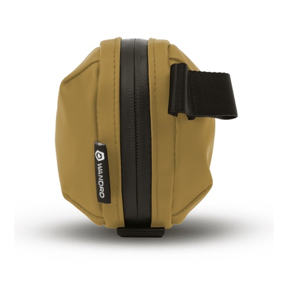 WANDRD Tech Bag Small Dallol Yellow - Seitenansicht der braunen WANDRD Tasche mit schwarzem Reißverschluss und Befestigungsband.
