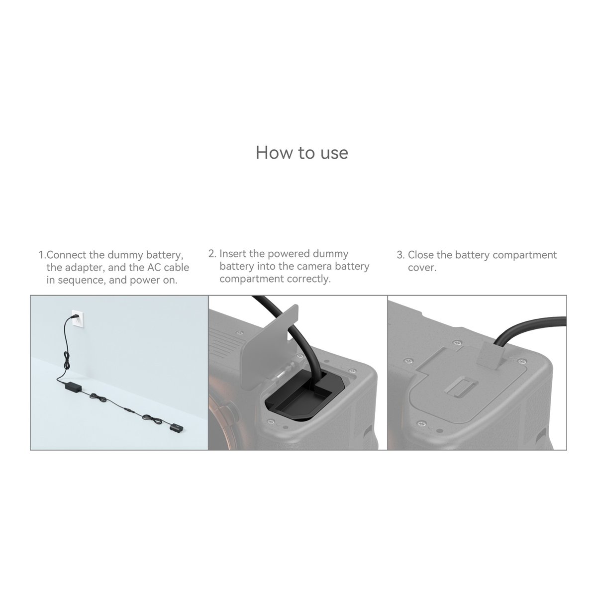 SmallRig 4269B NP-FZ100 Dummy-Batterie mit Netzadapter (EU-Standard) - Anwendungsbeispiel: Anleitung zur Installation und Nutzung des Kamera-Dummy-Akkus.