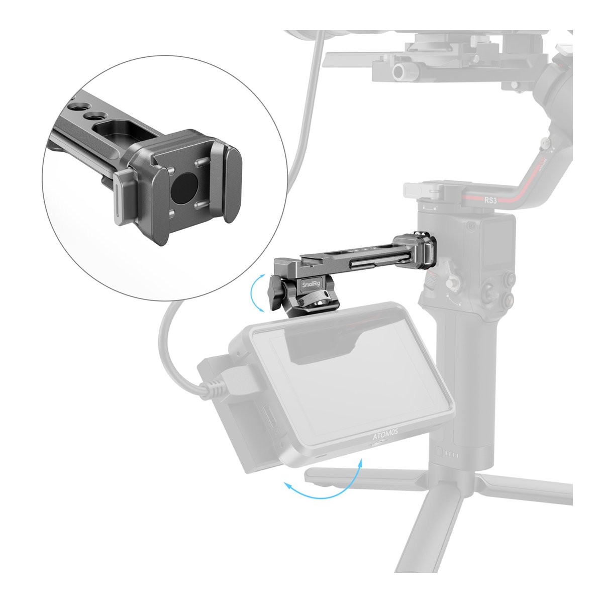 SmallRig 4637 HawkLock H21 Monitor Support für DJI Stabilizers - Anwendungsbeispiel: Verstellbare Monitorhalterung am Gimbal mit Detail der Montageplatte und Schwenkfunktion. SmallRig 4637 HawkLock H21 Monitor Support für DJI Stabilizers - Anwendungsbeispiel: Verstellbare Monitorhalterung am Gimbal mit Detail der Montageplatte und Schwenkfunktion.